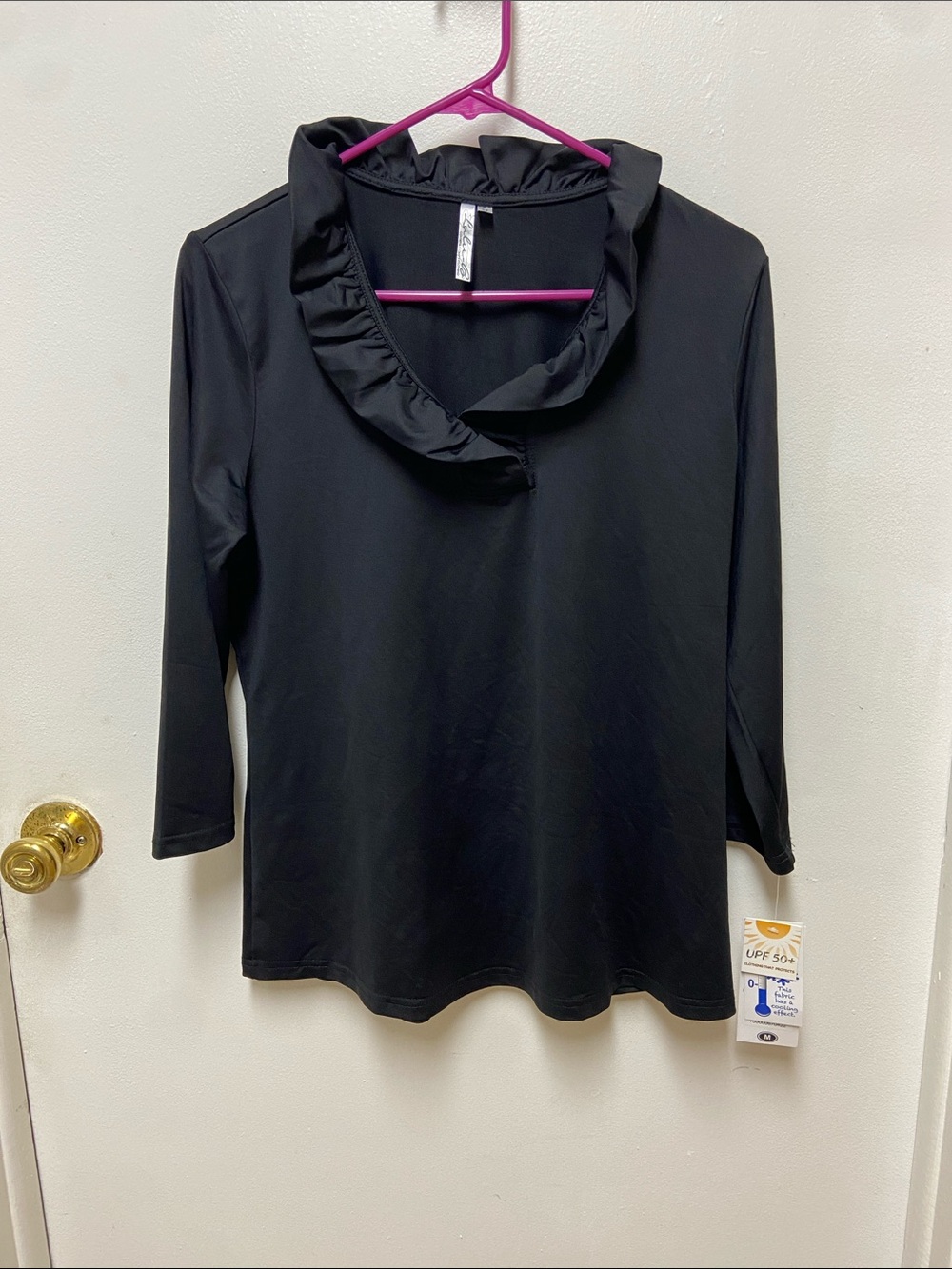 Lulu-B Black Ruffle Neck 3/4 Sleeve Top UPF 50+ Cooling M